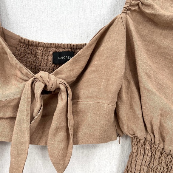 MAJORELLE Conway Top Shirt Womens XS Brown Linen Puff Sleeve Tie Front Crop - Picture 5 of 8